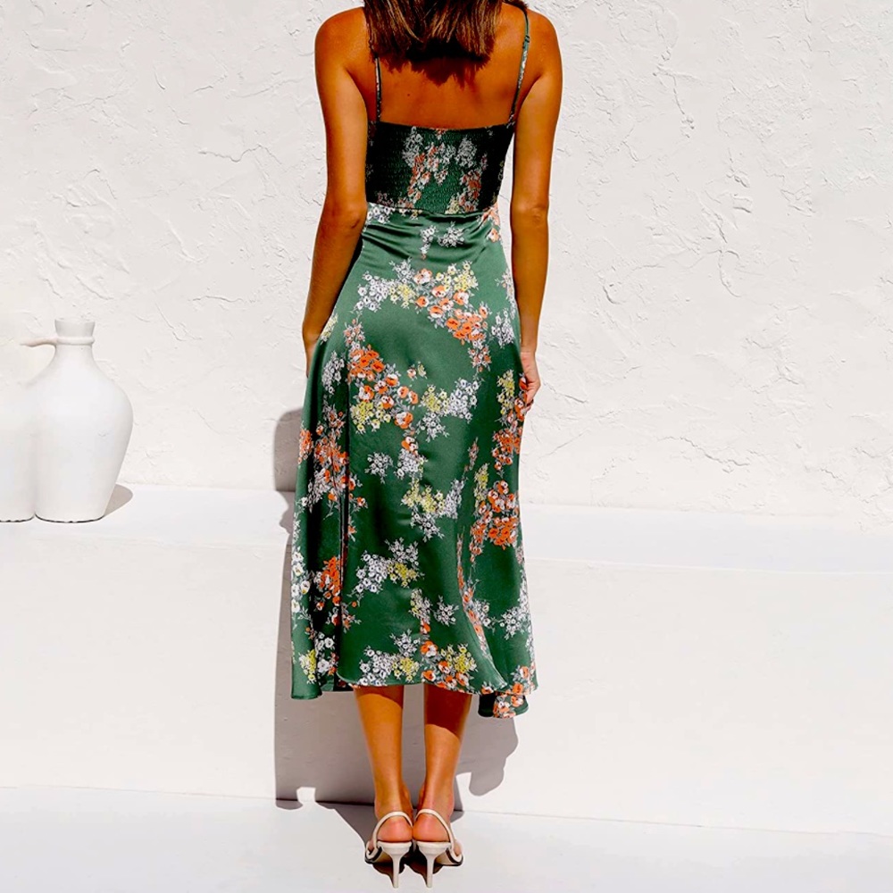 Women Satin midi green/ flowered dress